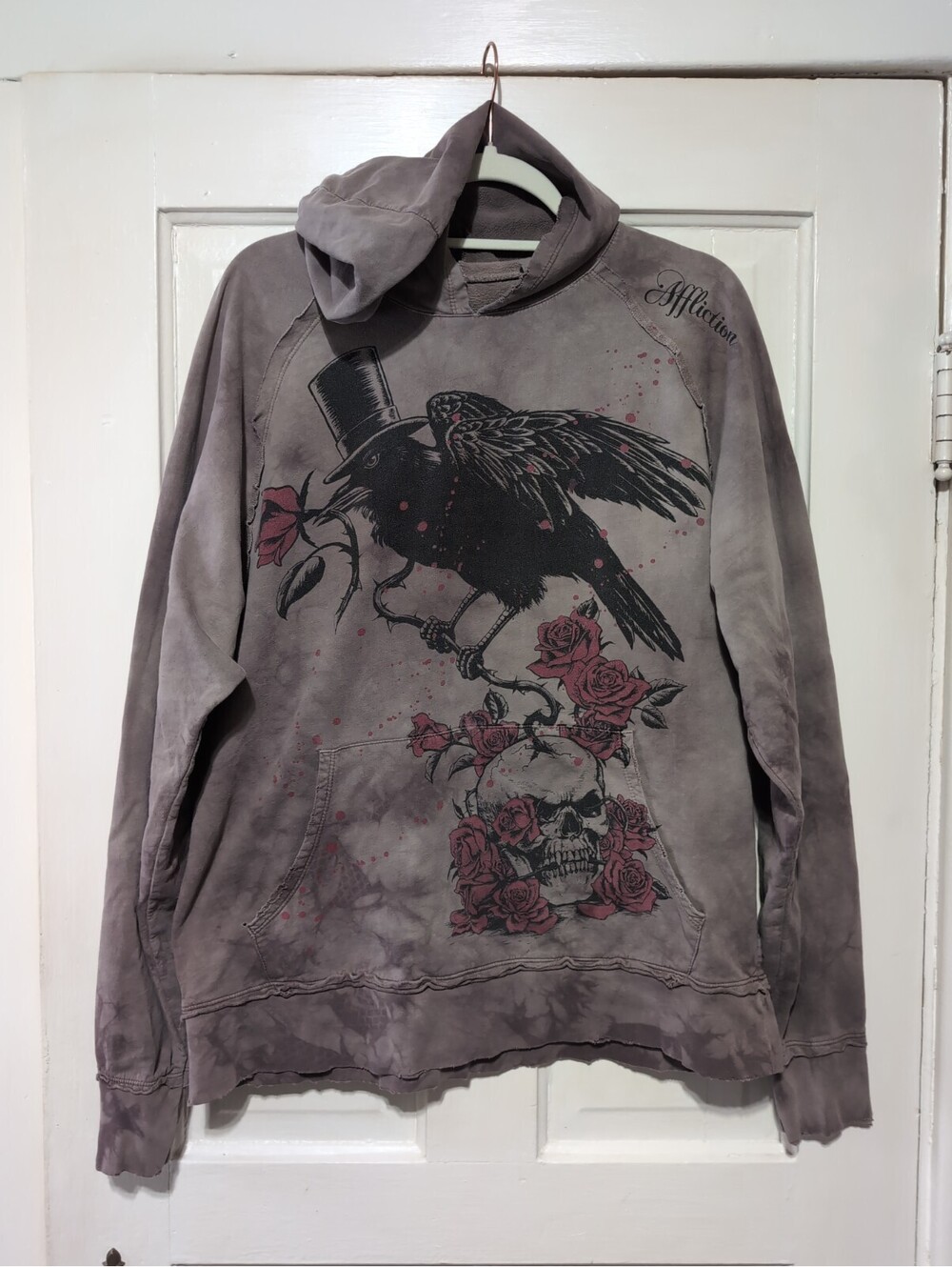Vtg Affliction Gothic Raven Skull Pullover Hoodie Distressed Men's L(1605)F